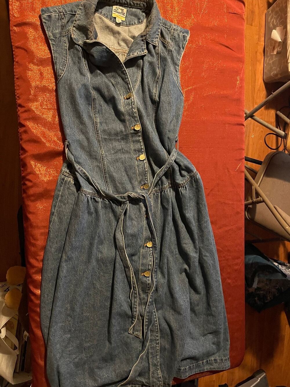 Future Collective Dress Womens 17 Denim Sleeveless Button Front Tie Waist